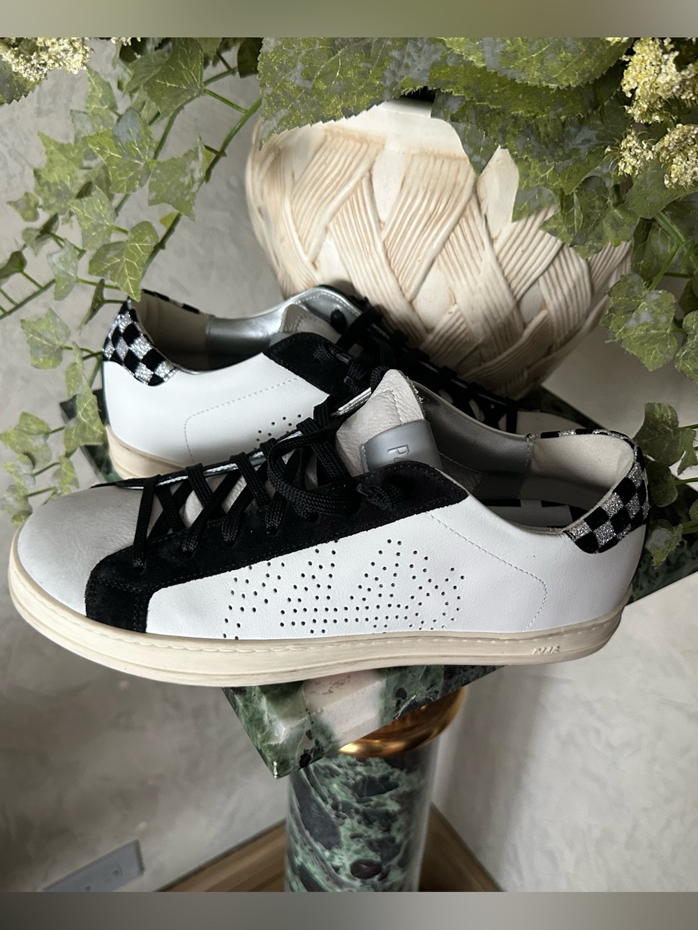 P448 White and Black Low-Top Sneakers with Checker Heel Tab